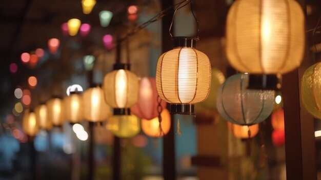 Photo hanging traditional lanterns blurred background