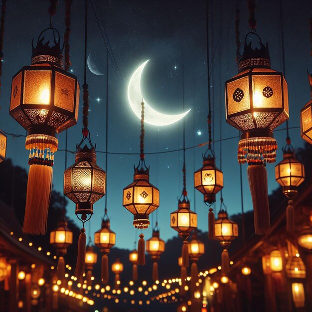 Hanging Traditional Lanterns with Glowing Crescent Moon Against Night Sky