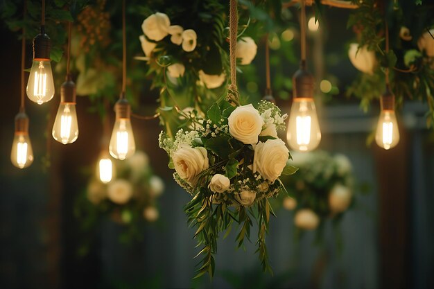 写真 電球に結婚式の花束を吊るす