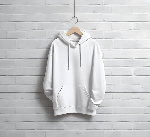 Photo hanging white hoodie mockup with brick background ai generate