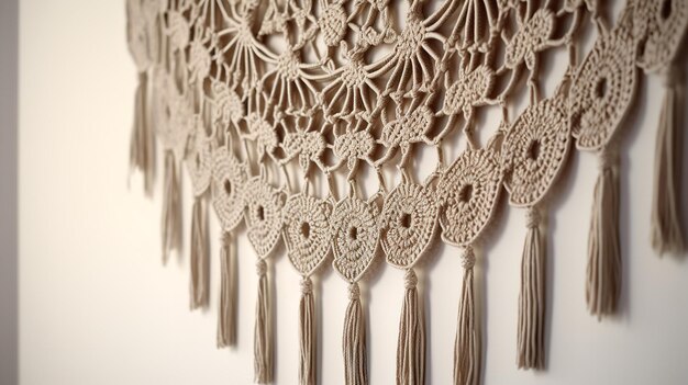 Hanging on a white wall is a handmade macrame wall decoration with a wooden pole Generative AI