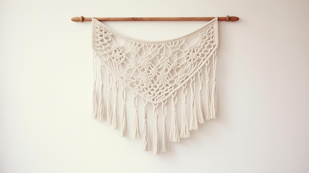 Hanging on a white wall is a handmade macrame wall decoration with a wooden pole Generative AI