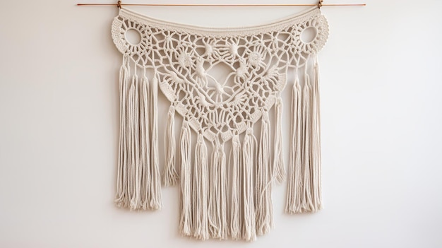 Hanging on a white wall is a handmade macrame wall decoration with a wooden pole Generative AI