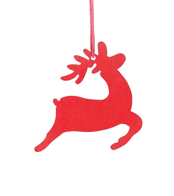 Hanging wooden deer Christmas tree ornament isolated on a white background