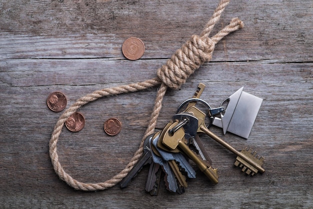 茶色の木製の表面に家の鍵とお金を持つ絞首刑執行人の縄