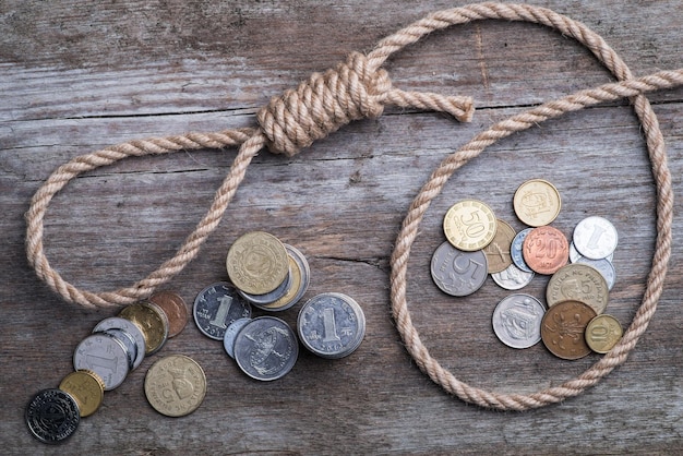 Hangman's noose with money on brown wooden surface