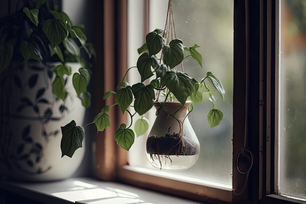 Hangplant in een pot op de vensterbank