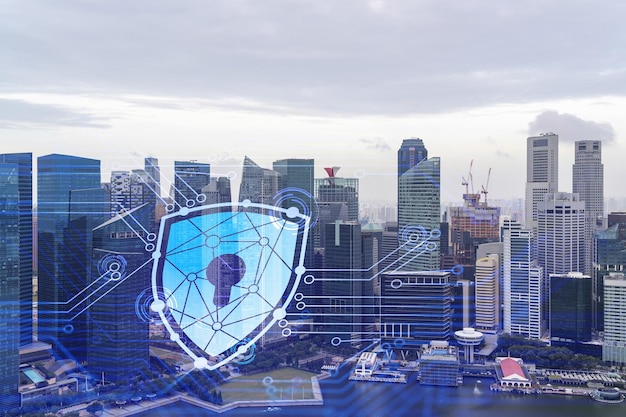 Hangslotpictogram hologram over panorama uitzicht op de stad van Singapore om zaken in Azië te beschermen Het concept van informatiebeveiligingsschilden Dubbele blootstelling