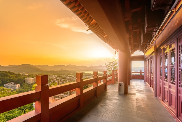 Hangzhou City Nightscape and Ancient Pavilion