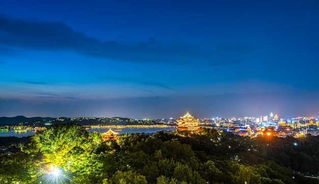 Hangzhou City Nightscape and Ancient Pavilion