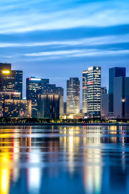 Hangzhou financial district office building architecture night view and city skyline