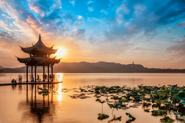 Hangzhou West Lake natural scenery and ancient architecture pavilion