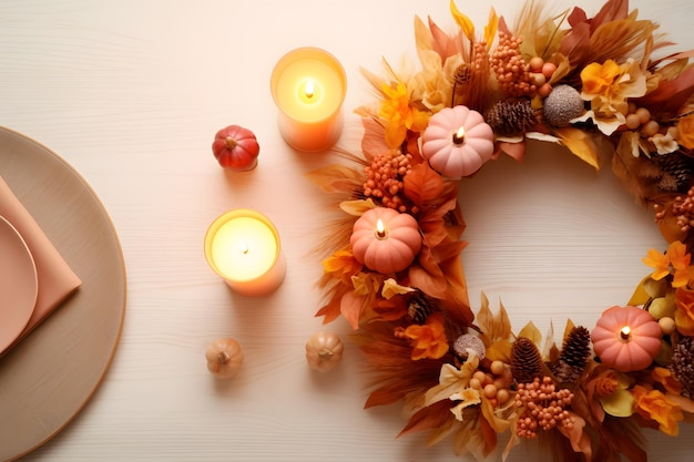 hanksgiving wreath and candles on a table