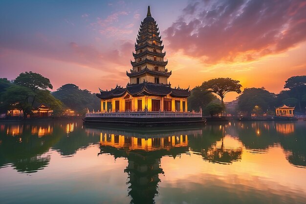 Hanoi boeddhistische pagode op het westelijke meer kleurrijke zonsondergang verlichte tempel water reflectie