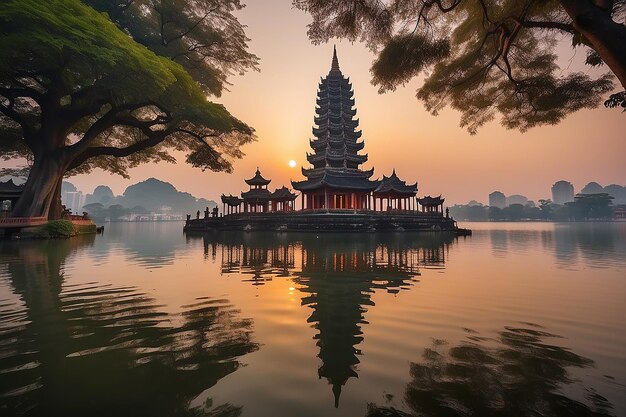 Hanoi boeddhistische pagode op het westelijke meer kleurrijke zonsondergang verlichte tempel water reflectie