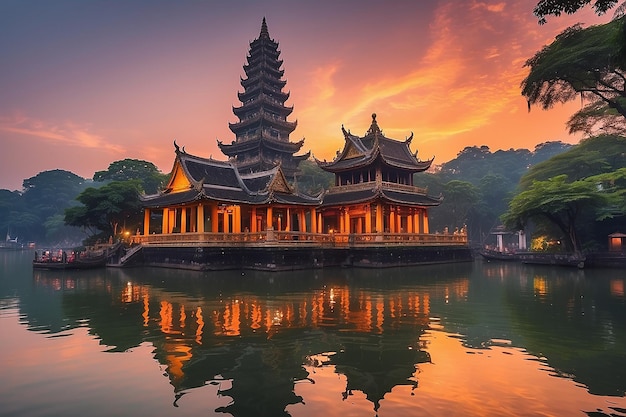 Photo hanoi buddhist pagoda on west lake colorful sunset illuminated temple water reflection chua tran quoc on