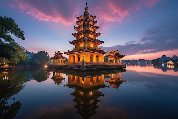 Photo hanoi buddhist pagoda on west lake colorful sunset illuminated temple water reflection