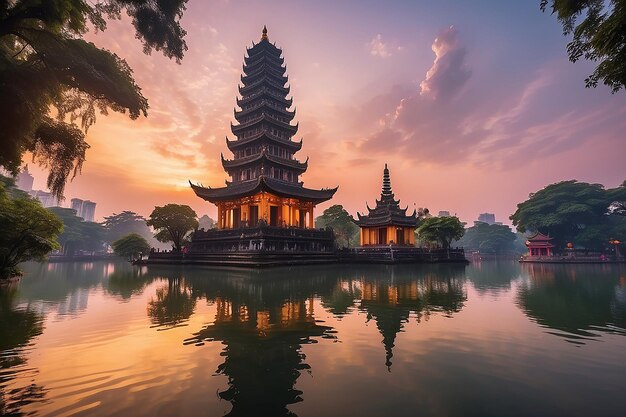 Photo hanoi buddhist pagoda on west lake colorful sunset illuminated temple water reflection