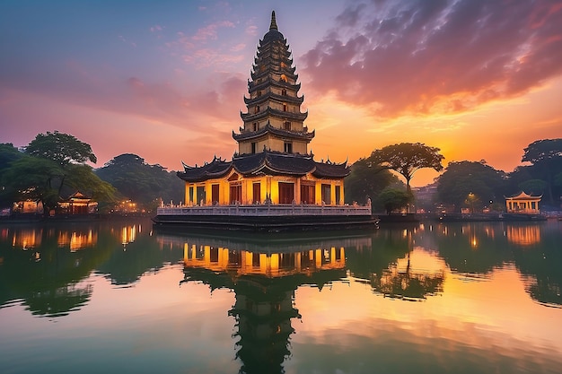 Hanoi buddhist pagoda on west lake colorful sunset illuminated temple water reflection