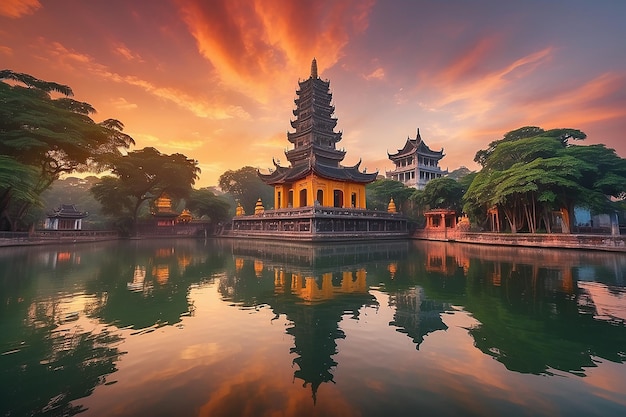 Hanoi buddhist pagoda on west lake colorful sunset illuminated temple water reflection