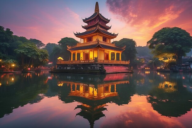 Photo hanoi buddhist pagoda on west lake colorful sunset illuminated temple water reflection