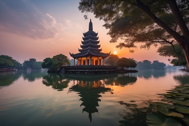 Photo hanoi buddhist pagoda on west lake colorful sunset illuminated temple water reflection