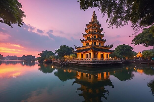 Hanoi buddhist pagoda on west lake colorful sunset illuminated temple water reflection