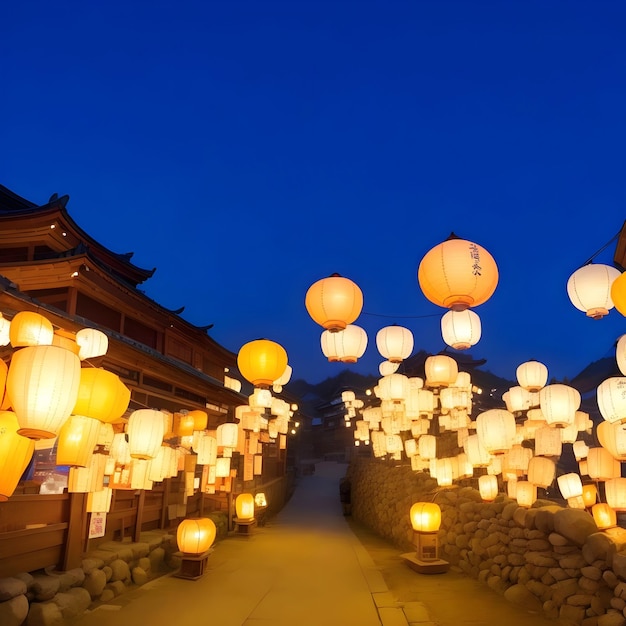 Hanok on the hill with lantern lights Lots of paper lanterns in the festive night AI Generate