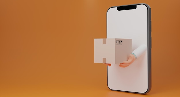 Hans of business da smartphone con scatola di cartone su sfondo arancione concept per il servizio di consegna veloceconsegna e shopping online concept3d rendering illustrazione