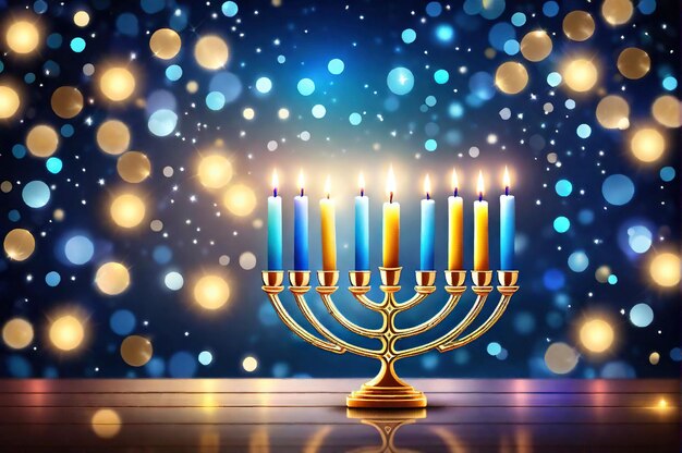 Hanukkah abstract defocused background menorah with bright dust on wooden table beautiful religious