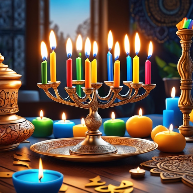 Hanukkah Celebration Capturing The Oil Miracle Moment In The Style Of Vibrant Colors And Warm Light