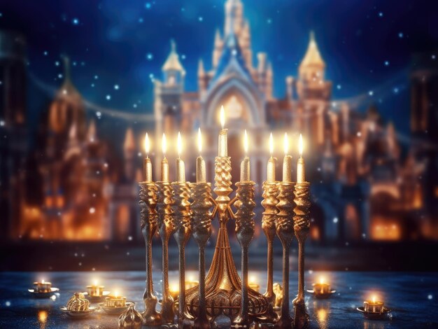 背景と伝統的なシンボルを持つハヌカユダヤ人の休日祭りのハヌカのお祝いシーン