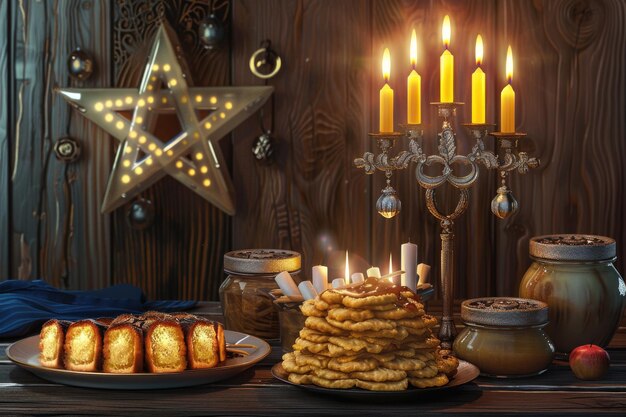 Hanukkah celebration with menorah dreidels and traditional foods on a warm wooden background