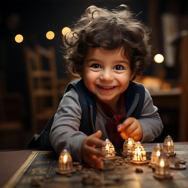 Hanukkah Day Celebrate the Festival of Lights Decorations Menorahs Dreidels and Pictures of Family