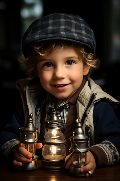 Hanukkah Day Celebrate the Festival of Lights Decorations Menorahs Dreidels and Pictures of Family