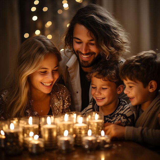 Hanukkah Day Celebrate the Festival of Lights Decorations Menorahs Dreidels and Pictures of Family