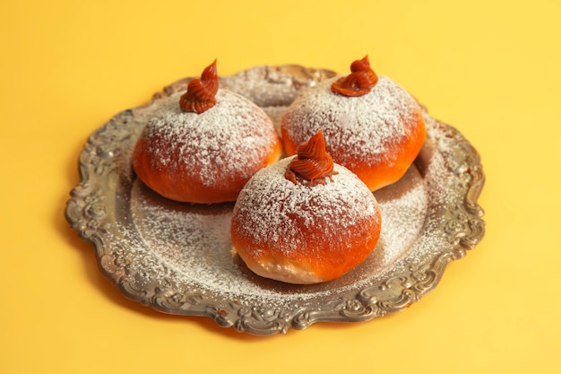 Hanukkah donuts on a vintage plate on a yellow