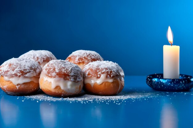 Foto donut di hanukkah con zucchero in polvere su uno sfondo blu