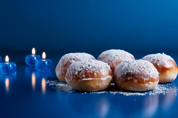 Foto donut di hanukkah con zucchero in polvere su uno sfondo blu