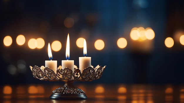 메노라 (Menorah) 가 희미하게 조명 된 방에서 부드러운 빛을 내며 편안하고 친밀한 공간을 만드는 한 후카 저녁