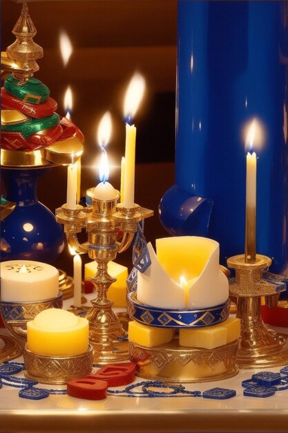 A Hanukkah feast with a table full of traditional dishes and desserts