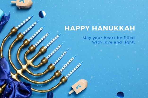 hanukkah festive attributes on a blue background