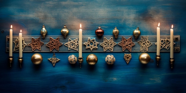 Hanukkah Flat Lay een harmonieus platte lay beeld met een prachtig ontworpen menorah