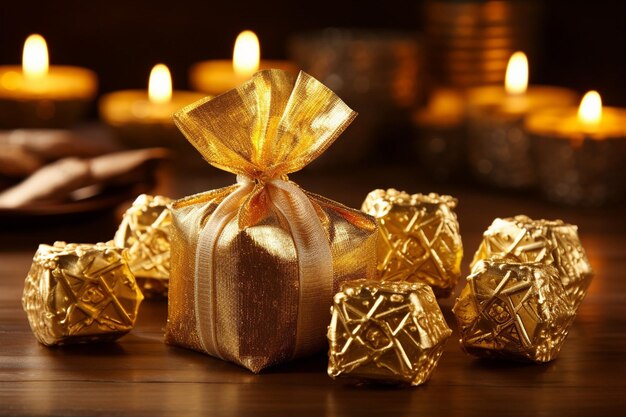 Photo hanukkah gelt in golden wrappers