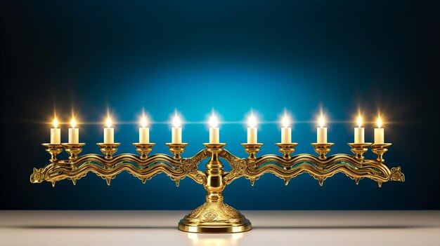 Hanukkah golden menorah with burning candles on blue background