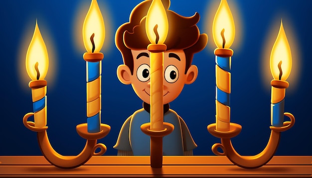 Hanukkah holiday a boy reading a book at a table one manorah with nine candles cartoon style