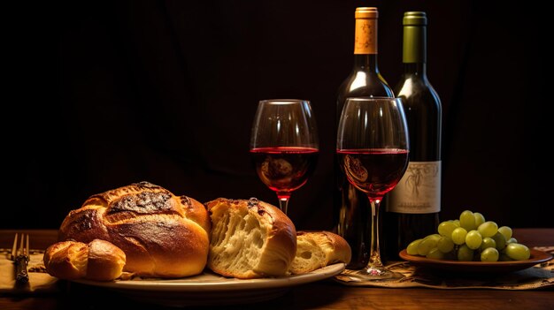 Photo hanukkah holiday challah bread shabbat wine and traditional candles on wooden table