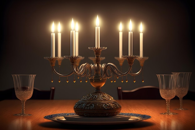 Hanukkah menorah on jewish traditional festive table neural network generated art