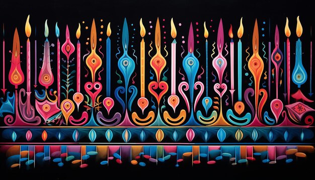 Photo hanukkah menorah multicolored on a black background gouache