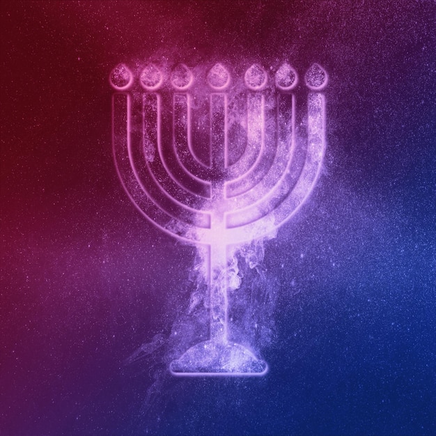 Photo hanukkah menorah symbol red blue. menorah symbol of judaism